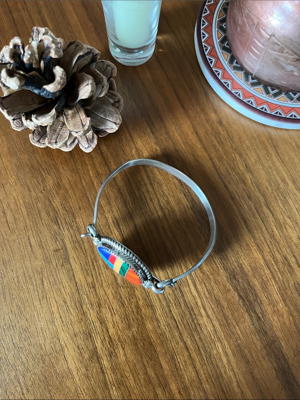 Stamped Navajo Multi-stone Inlay Oval Sterling Silver Bracelet - Picture 7 of 7